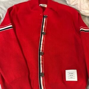 Thom Browne Red Cardigan with Stripe Accents